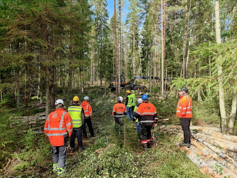 Miehiä metsässä, metsätyökone